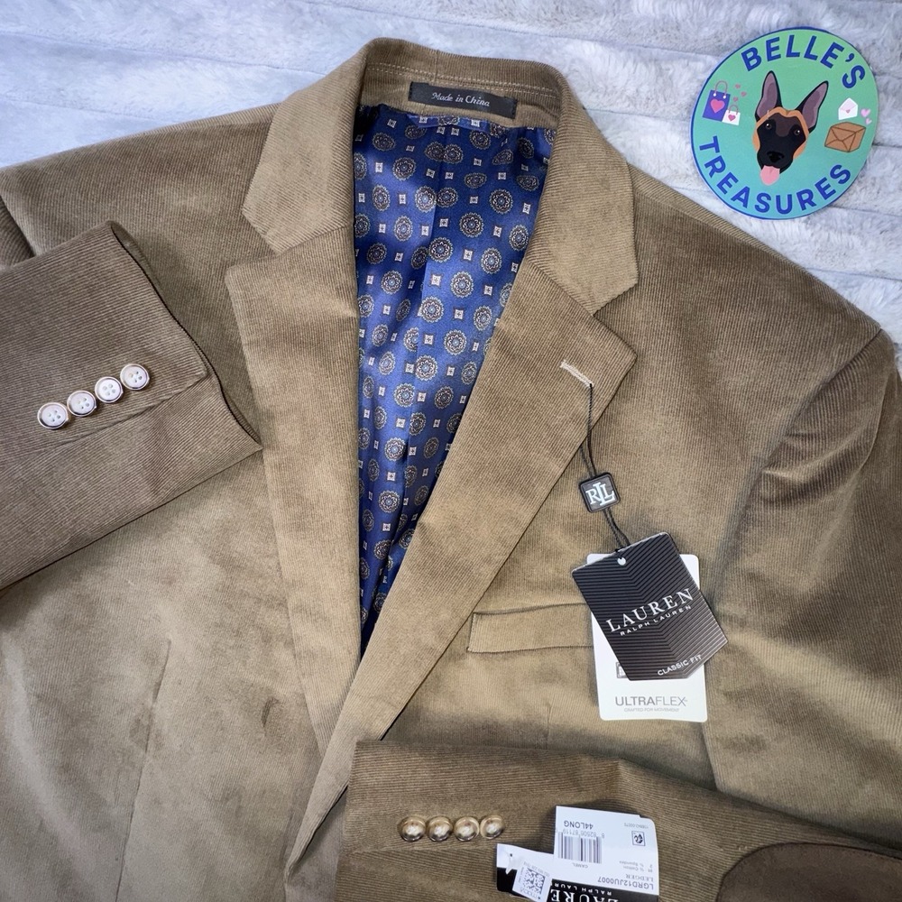 Ralph Lauren LRL Blazer 44L Browm Corduroy Stretch‎ Elbow Patch Single Breasted